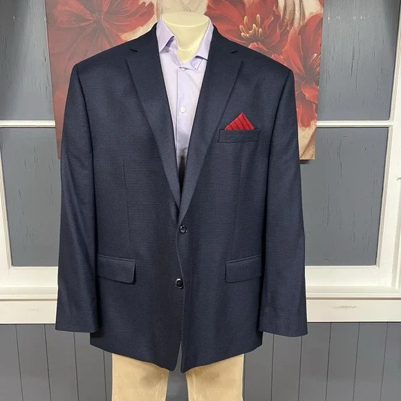 Michael Kors Blazer Jacket Sport Coat Men 50R Polyester Blend Stretch Navy/Brown - Picture 2 of 11